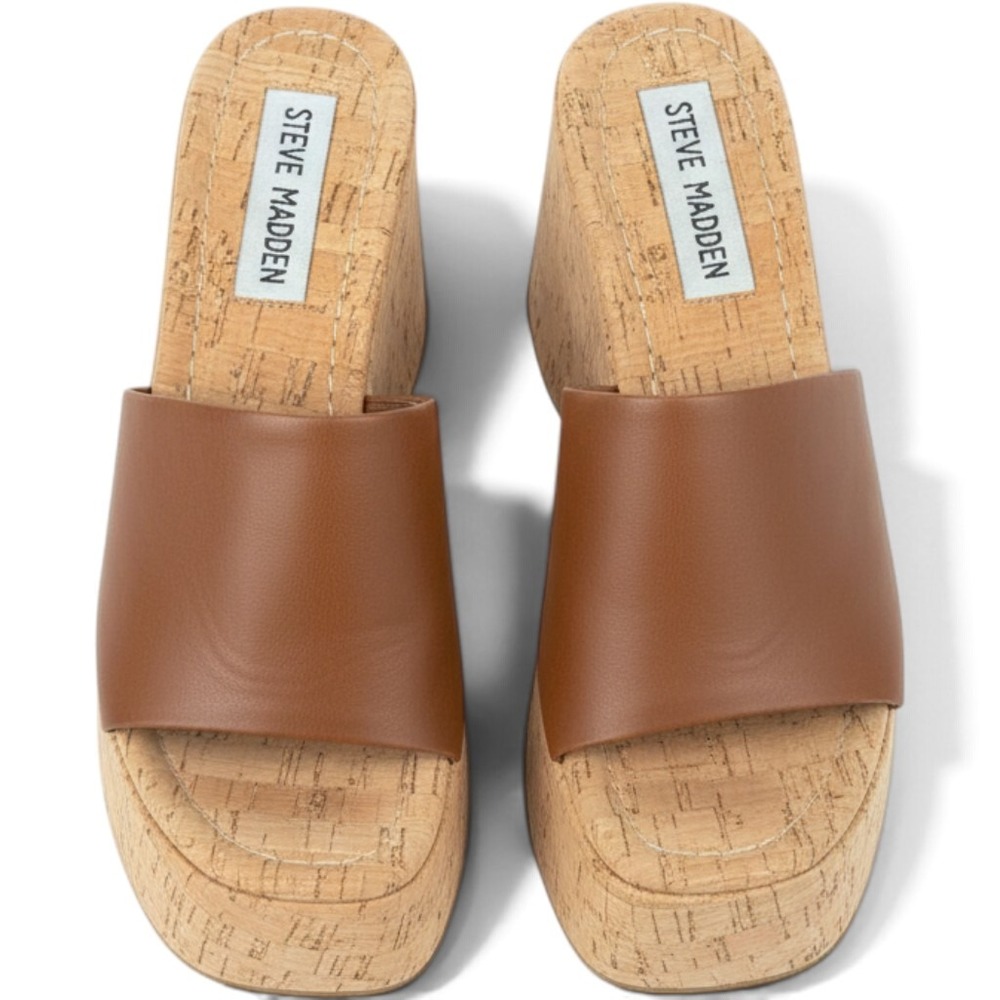 Steve Madden Brown Cork Platform Wedge Sandals Y2K Slide Heels Womens 5